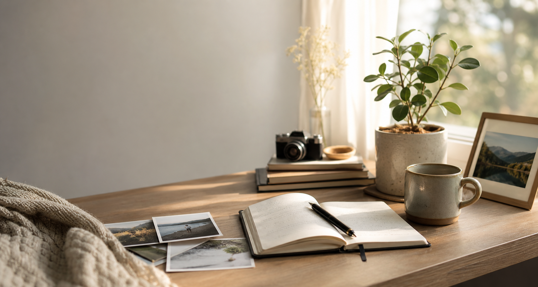 A cozy desk by a window with photos, a journal, and personal keepsakes.